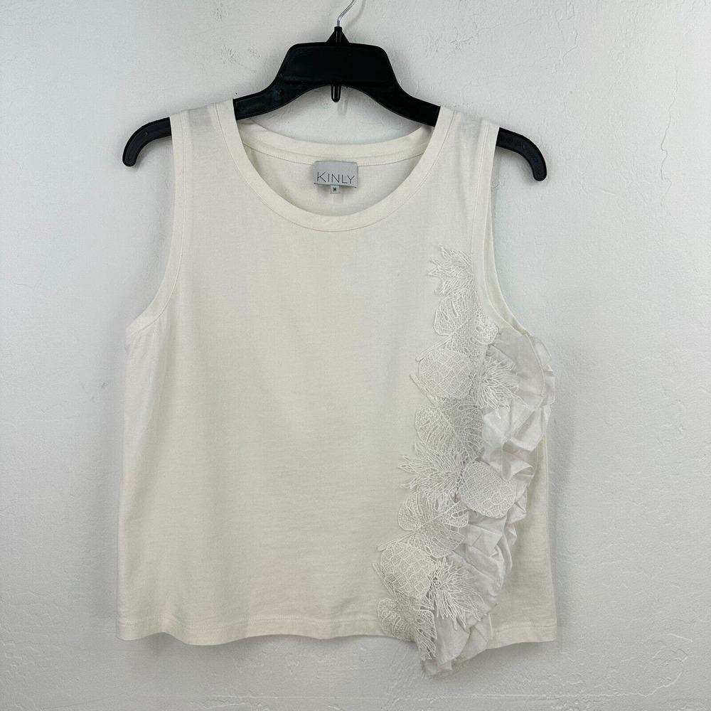 Kinly Tank Top Womens Medium White Cotton Floral Ruffle Round Neck